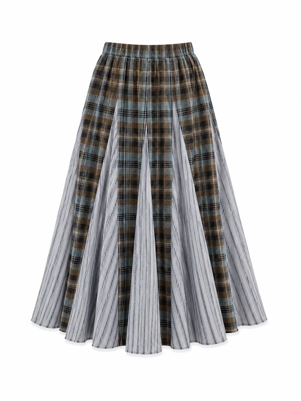 Plaid & Stripe Panel A-Line Maxi Skirt - Blue, Gray